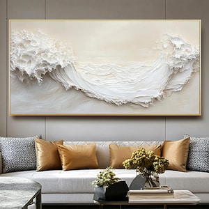 Large White Texture Ocean Wave Painting,Modern 3D Minimalist Wall Art,3D Textured Painting,Beige White Wave Canvas Art,Living Room Decor