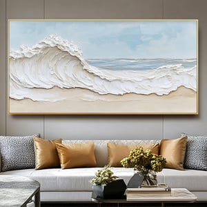 Original Beige White Beach Canvas Oil Painting,3D Sea Waves Oil Painting on Canvas,Ocean Textured Wall Art,Custom Painting,Living Room Art