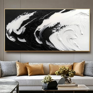 Arte de pared minimalista en blanco y negro de gran tamaño, pintura contemporánea, pintura abstracta en blanco y negro, pintura acrílica en blanco y negro, decoración para sala de estar.
