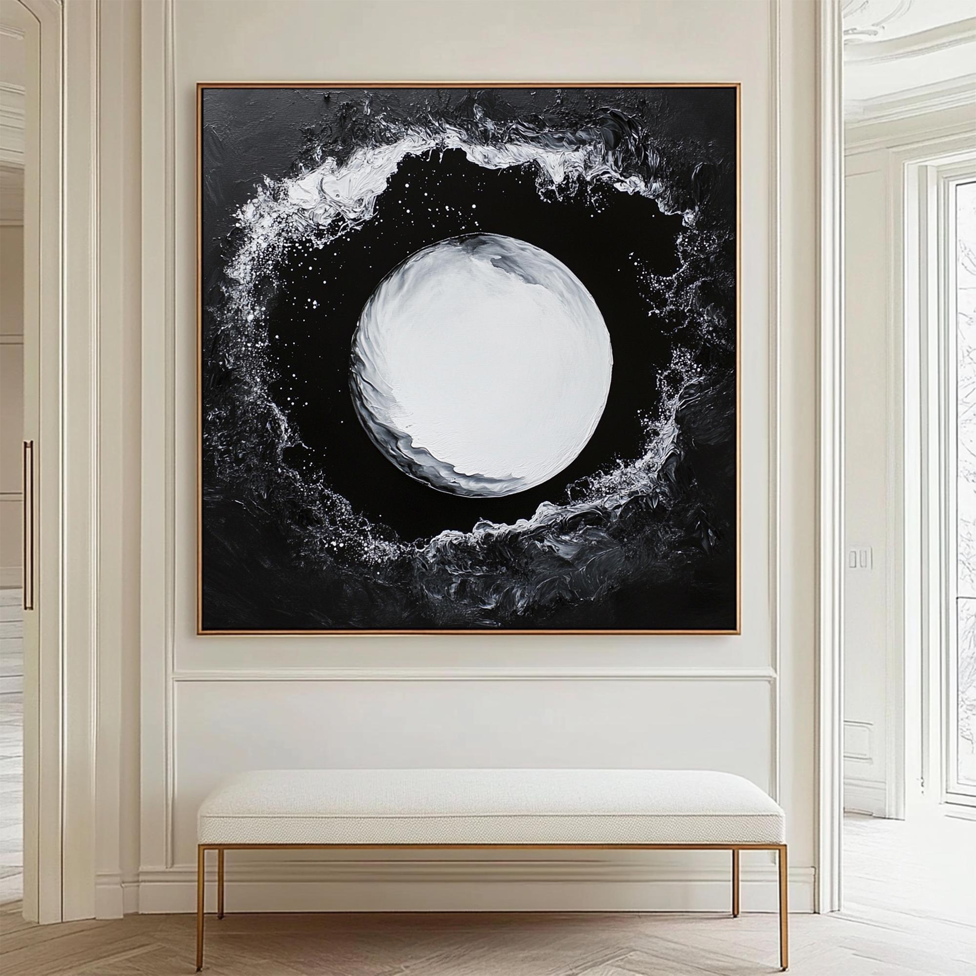 抽象的な白黒キャンバス絵画：現代の惑星、ファンタジーウォールアート