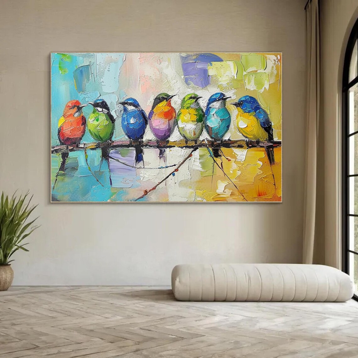Large Colorful Bird on Branch Abstract Oil Painting, Birds Singing in ...