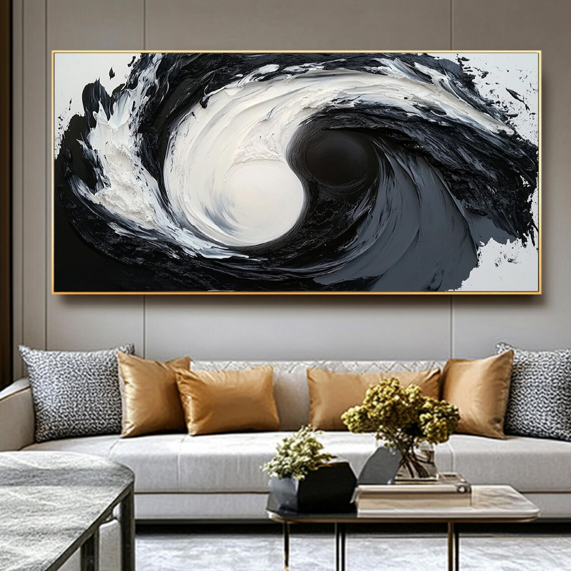 Large Black and White 3D Texture Painting: Zen Minimalist Modern Wall ...