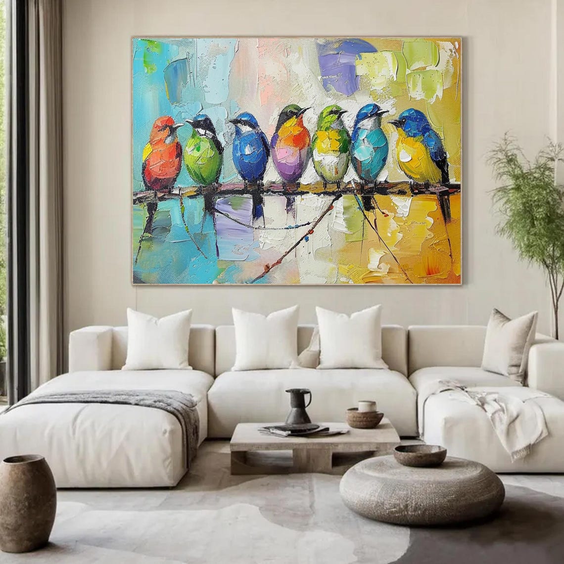 Large Colorful Bird on Branch Abstract Oil Painting, Birds Singing in ...