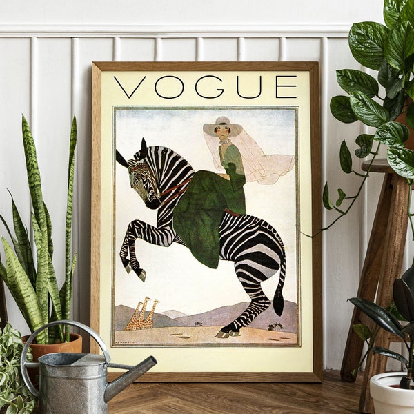 Vintage Magazine Art Cover Girl on a Zebra Helen Dryden Fashion Beauty Wall Art Poster - Vintage Magazine Art Poster