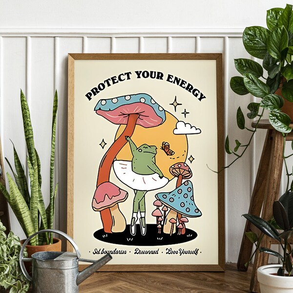 Retro Moon Dancing Frogs With Mushroom Wall Print, Vintage Frog Illustration, Trendy Posters, Cute Frogs, Positive Poster