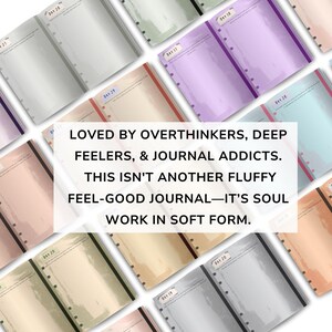 Collage of open journal prompt pages with bold center text: 'Loved by overthinkers, deep feelers, & journal addicts. This isn’t another fluffy feel-good journal—it’s soul work in soft form.'