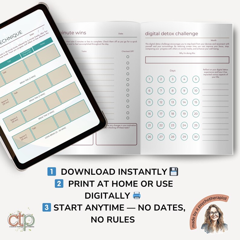 ADHD Daily Planner | 30-Day Printable Undated Digital Self-Therapy Journal for Teens + Adults | Neurodivergent Productivity Toolkit