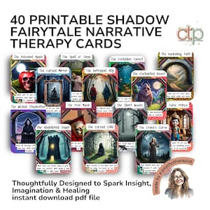 Könnte beinhalten: Ein Set von 40 druckbaren Shadow-Märchen-Erzähltherapiekarten. Jede Karte zeigt Fantasy-Kunst und Titel wie "Der vergiftete Apfel" und "Der verfluchte Spiegel". Die Karten sollen Einsicht, Vorstellungskraft und Heilung anregen. Der Text lautet "sofortiger PDF-Download".
