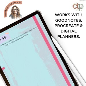 Digital journal page shown on an iPad with Apple Pencil. Text reads: 'Works with Goodnotes, Procreate & Digital Planners.