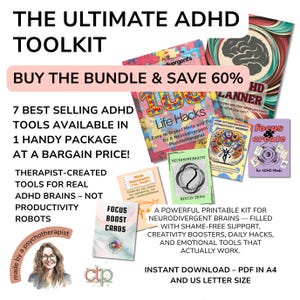 ADHD-bundel digitale therapie | Afdrukbare kaarten + e-boeken voor volwassenen en tieners: neurodivergente hulp, focus, zelfvertrouwen, creativiteit