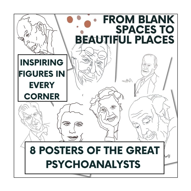 8 printable  posters of the great psychoanalysts, minimalist line drawings, digital download available in all size ratios