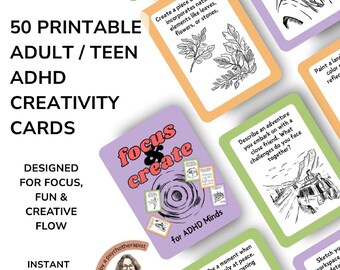 ADHD Printable Cards: 60 Creativity Mix, Art Therapy + Journaling Prompt Cards for Teens & Adults