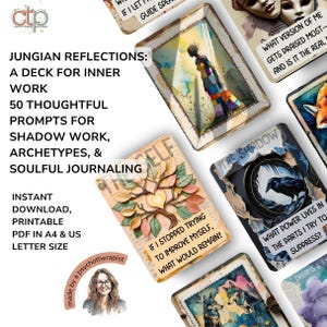 Puede incluir: Un mazo de cartas de Reflexiones Junguianas para el trabajo interior, con 50 indicaciones para el trabajo de la sombra, arquetipos y diario espiritual. Las cartas presentan ilustraciones y texto en acuarela. Disponible como descarga instantánea, PDF imprimible en A4 y US letter.