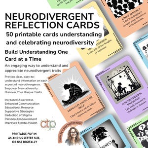 Cartões de ferramentas de neurodivergência; 50 cartões de memória imprimíveis para aconselhamento e reflexão, recursos para autistas adultos e infantis, TDAH e AuDHD