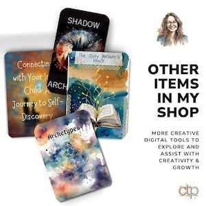 Flat lay image featuring four printable therapy card decks: “Shadow Archetypes,” “Connecting with Your Inner Child,” “The Story Weaver’s Oracle,” and “Archetypes – based on the work of Carl Jung.” Displayed with watercolor and symbolic imagery. Text on the right reads “Other items in my shop – More creative digital tools to explore and assist with creativity & growth.” Includes illustrated portrait of the psychotherapist and Creative Therapy Printables logo.