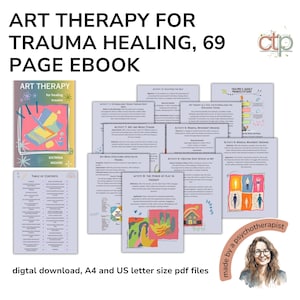 May include: A digital download of an art therapy ebook for trauma healing. The cover features a colorful illustration of hands and the title "Art Therapy for Healing Trauma". The ebook is 69 pages long and includes activities and exercises for trauma recovery.