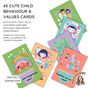 Cartes d'affirmation pour un bon comportement pour les enfants, cartes-éclair imprimables sur les valeurs et les émotions kawaii, téléchargement immédiat au format PDF
