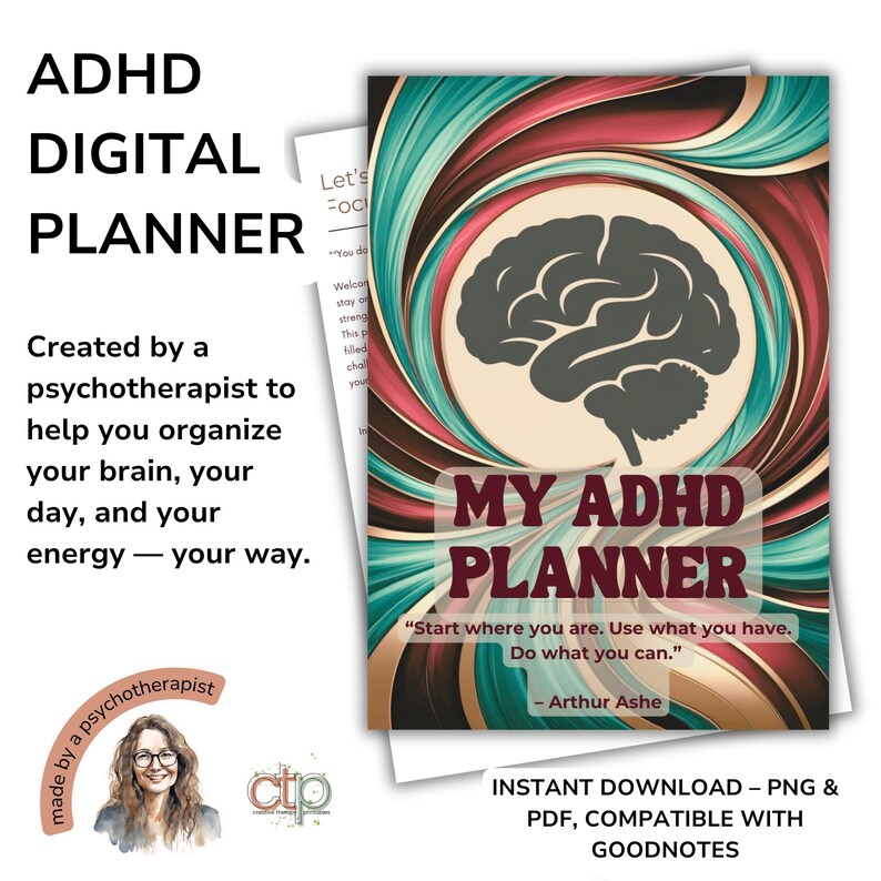 ADHD Daily Planner | 30-Day Printable Undated Digital Self-Therapy Journal for Teens + Adults | Neurodivergent Productivity Toolkit