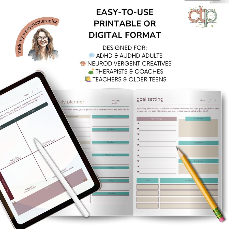 ADHD Daily Planner | 30-Day Printable Undated Digital Self-Therapy Journal for Teens + Adults | Neurodivergent Productivity Toolkit