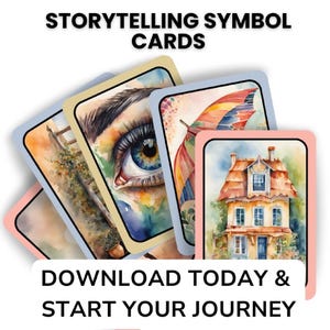 Close-up fan display of five storytelling symbol cards including an eye, house, ladder, and umbrella. Text reads: “Storytelling Symbol Cards – Download Today & Start Your Journey.”