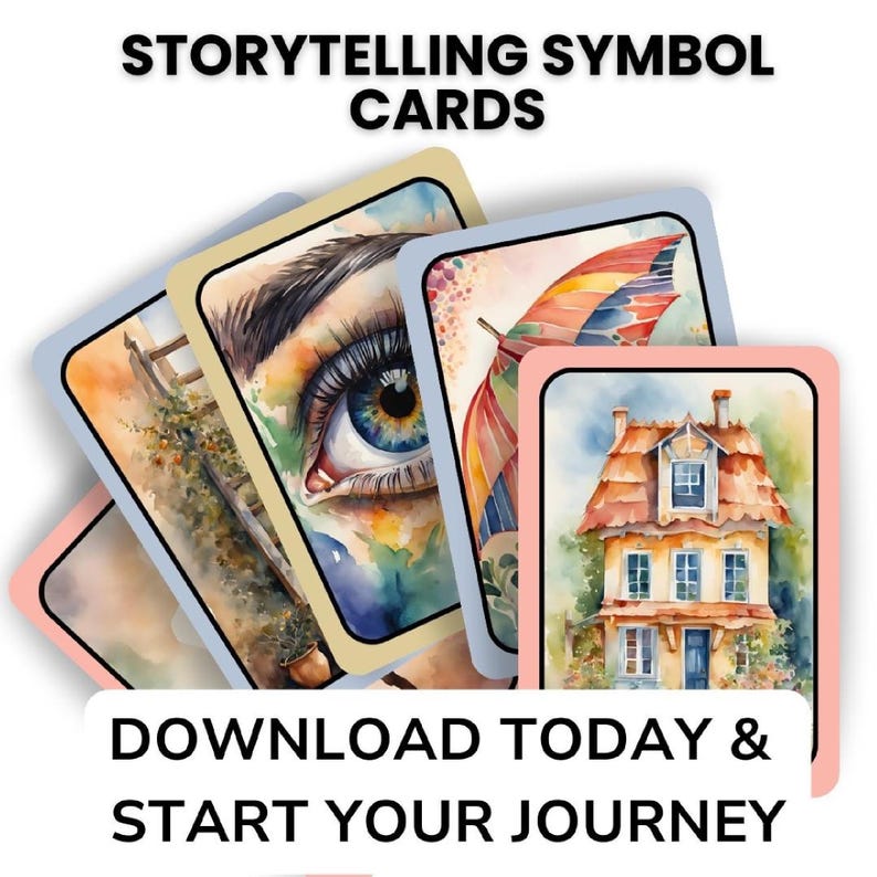 Close-up fan display of five storytelling symbol cards including an eye, house, ladder, and umbrella. Text reads: “Storytelling Symbol Cards – Download Today & Start Your Journey.”