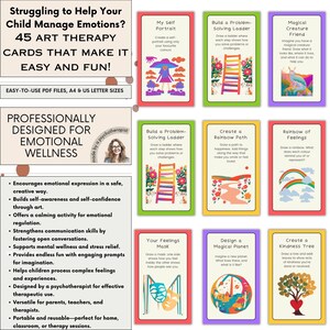 Tarjetas de terapia artística para niños: actividades de exploración creativa imprimibles para brindar apoyo emocional, controlar los sentimientos y hacer que los niños hablen.