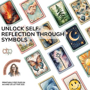 Scattered watercolor storytelling cards featuring stars, butterflies, flames, and homes. Bold text overlay says “Unlock Self-Reflection Through Symbols.”