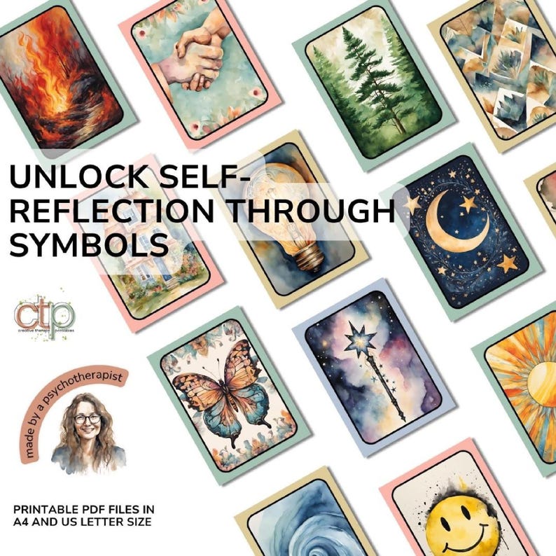 Scattered watercolor storytelling cards featuring stars, butterflies, flames, and homes. Bold text overlay says “Unlock Self-Reflection Through Symbols.”