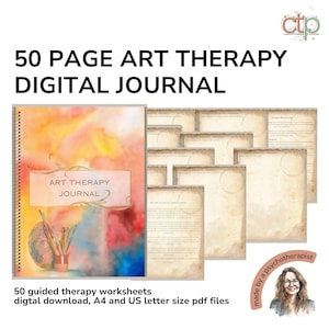 Puede incluir: Un diario digital de arteterapia con 50 páginas de hojas de trabajo guiadas. La portada presenta un fondo de acuarela con pinceles y un globo terráqueo. El diario está disponible para descargar digitalmente en archivos PDF de tamaño A4 y carta de EE. UU.