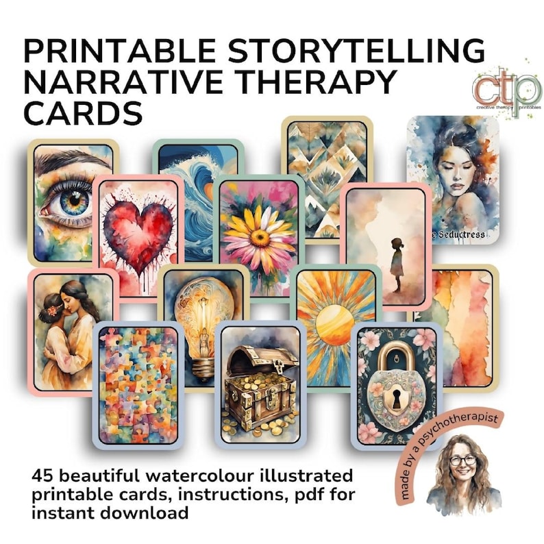 Flat lay of watercolor storytelling therapy cards featuring illustrated symbols like a treasure chest, house, sun, and heart. Text on the left highlights benefits such as self-awareness, personal growth, and mindfulness. Includes “Made by a psychotherapist” badge and CTP logo.