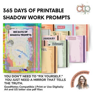 Colorful product cover and monthly journals stacked. Text reads: '365 Days of Printable Shadow Work Prompts. You don’t need to “fix yourself.” You just need a mirror that tells the truth. GoodNotes compatible | Print or use digitally | A4 and US letter size PDF files.