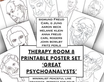 Printable Therapy Office Decor Set + Psychoanalyst Portraits Line Art + Freud Jung Rogers Art + Psychotherapy Digital Download
