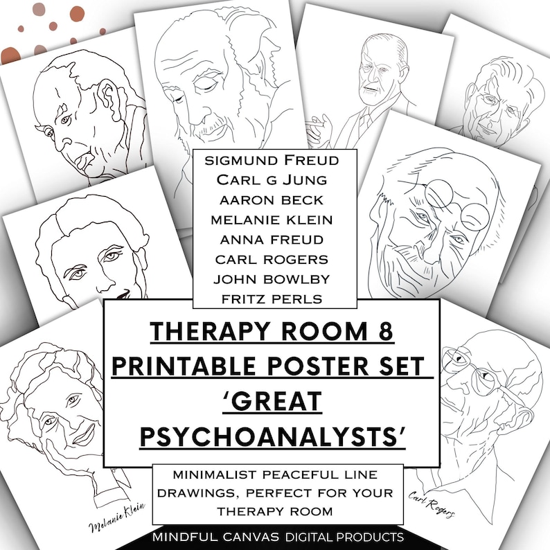 8 printable  posters of the great psychoanalysts, minimalist line drawings, digital download available in all size ratios
