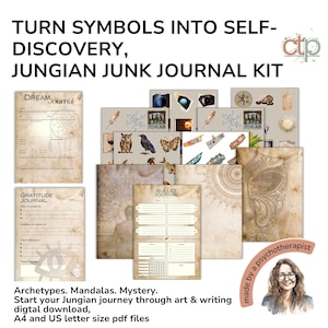 May include: A digital download kit for a Jungian junk journal. The kit includes a variety of printable pages, including a dream journal, gratitude journal, bullet journal, and mandala pages. The kit also includes a variety of printable stickers and ephemera. The kit is made by a psychotherapist and is designed to help people explore their inner world through art and writing.