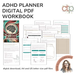 Puede incluir: Un cuaderno de trabajo de planificador digital para personas con TDAH. La portada presenta un gráfico del cerebro y el texto "Mi planificador de TDAH". El cuaderno de trabajo incluye páginas para listas de tareas, planes de enfoque y reflexión.
