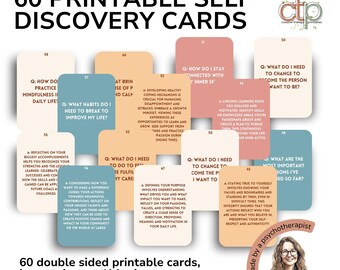 May include: A set of 60 double-sided printable self-discovery cards with pastel pink, blue, and green backgrounds. The cards feature questions and prompts for self-reflection and personal growth. The text on the cards is in black and white. The image also includes a small illustration of a woman with glasses and the text "made by a psychotherapist".