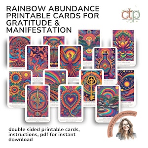 Carte dell'Oracolo dell'Abbondanza con splendide illustrazioni dai colori vivaci e funky; mazzo digitale stampabile per la manifestazione e la positività