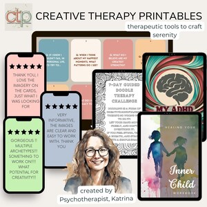 Brand board image for “Creative Therapy Printables,” featuring product previews (Doodle Therapy Challenge, Inner Child Workbook, ADHD Workbook), five-star reviews, and creator image of Katrina, the psychotherapist.