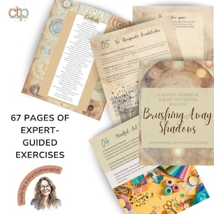 Puede incluir: Un libro de trabajo titulado "Brushing Away Shadows: A Mindful Workbook for Art and Mental Wellness" con una imagen colorida de botones, hilo y tijeras sobre un fondo amarillo. El libro de trabajo está diseñado para ayudar a las personas a explorar sus emociones y sentimientos a través del arte.