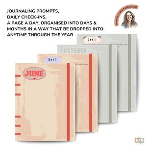 Monthly journal covers arranged in a staggered layout. Text reads: 'Journaling prompts, daily check-ins, a page a day, organised into days & months in a way that can be dropped into anytime through the year.