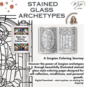 May include: A set of two black and white stained glass colouring pages featuring The Shadow and The Hero archetypes. The pages are part of a Jungian Colouring Journey, a digital download that encourages self-reflection and mindfulness.