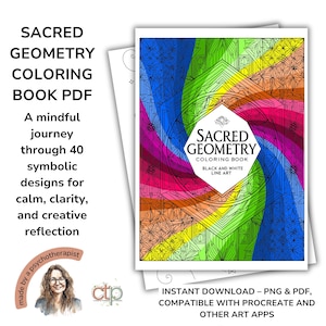 Può includere: Una copertina di un libro da colorare in bianco e nero con uno sfondo colorato. La copertina presenta un design geometrico con il titolo "Sacred Geometry Coloring Book" e il testo "Black and White Line Art".