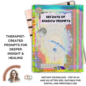 Brightly illustrated journal cover with overlay text: 'Therapist-created prompts for deeper insight and healing.' Below it reads: 'Instant download – PDF in A4 and US letter size, suitable for digital and printable use.