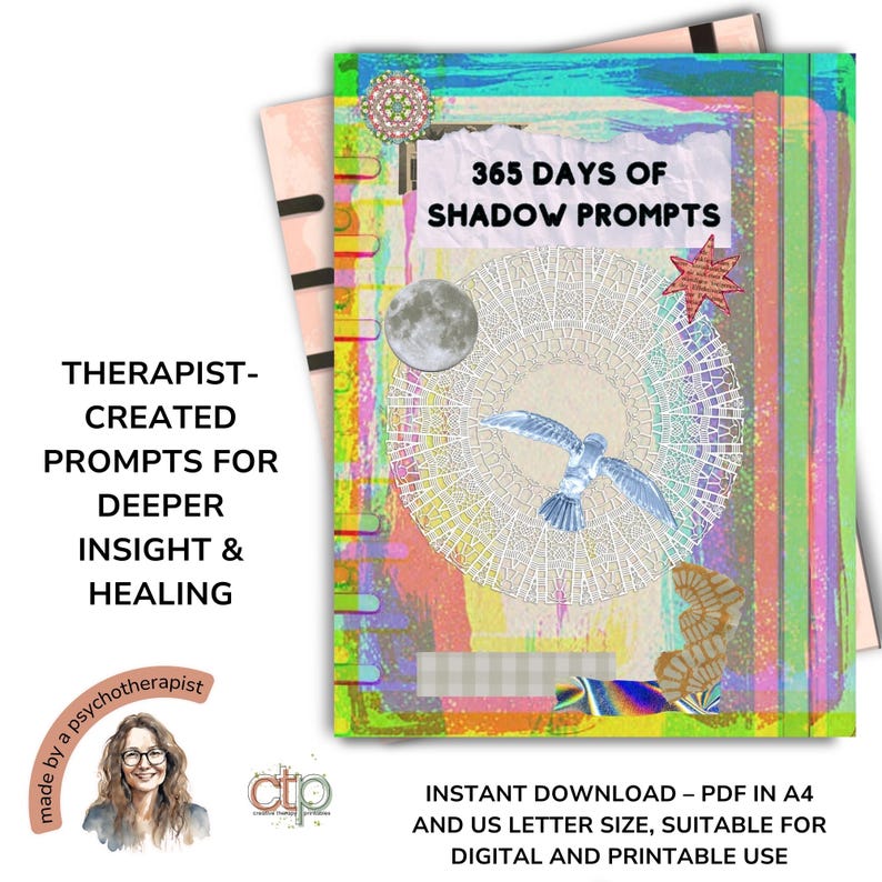 Brightly illustrated journal cover with overlay text: 'Therapist-created prompts for deeper insight and healing.' Below it reads: 'Instant download – PDF in A4 and US letter size, suitable for digital and printable use.