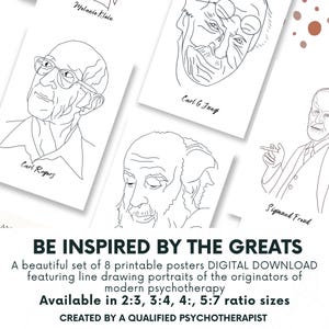 May include: A set of printable posters featuring line drawings of figures like Carl Rogers and Sigmund Freud. The posters are available in various ratio sizes and are described as a digital download.