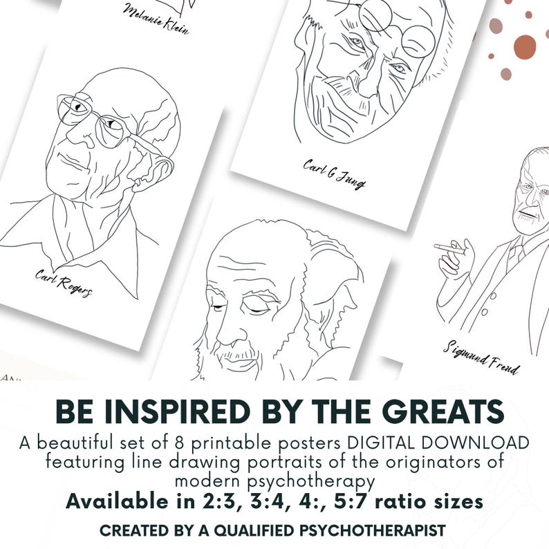 May include: A set of printable posters featuring line drawings of figures like Carl Rogers and Sigmund Freud. The posters are available in various ratio sizes and are described as a digital download.