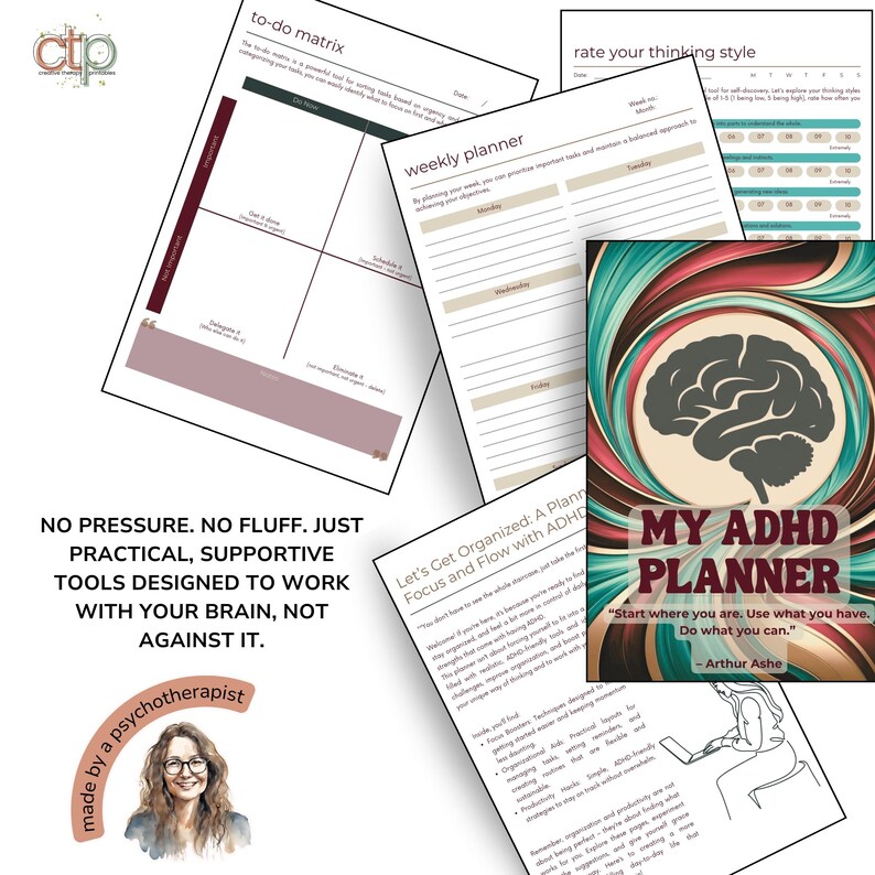 ADHD Daily Planner | 30-Day Printable Undated Digital Self-Therapy Journal for Teens + Adults | Neurodivergent Productivity Toolkit