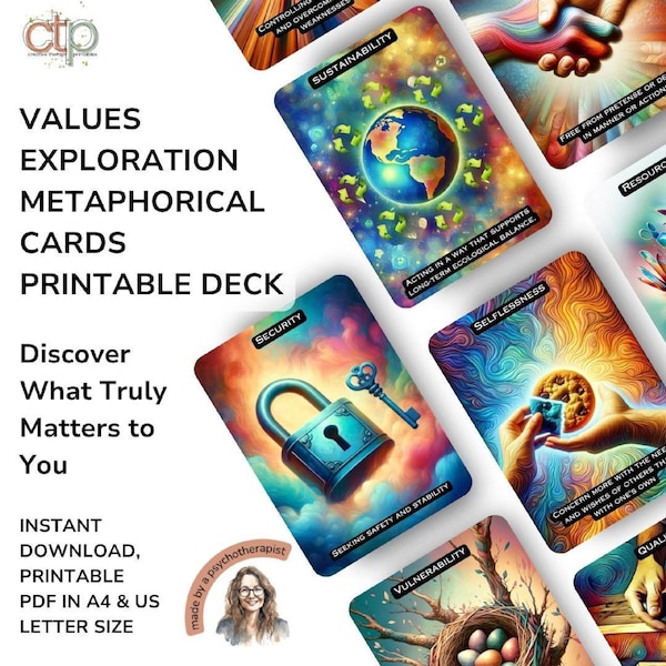 Core Values Therapy Cards: Self Discovery Printable Deck (Digital Download)