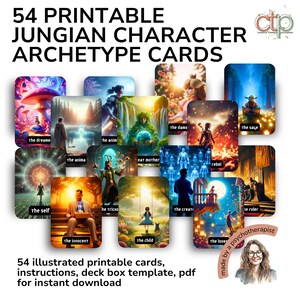 Tarjetas imprimibles de arquetipos de personajes de la cultura pop para el trabajo con la sombra, la narración, la exploración creativa y el crecimiento personal.