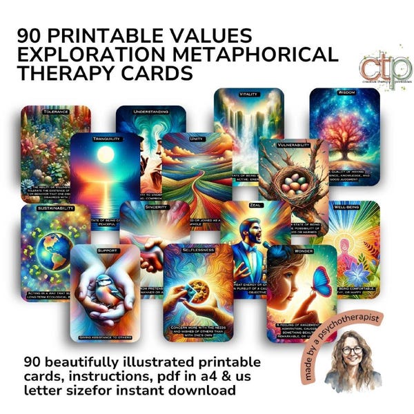 Values Exploration Cards; Self Reflection, Therapy, MAC, Emotional Growth & Self-Discovery – 90 Illustrated  Printables